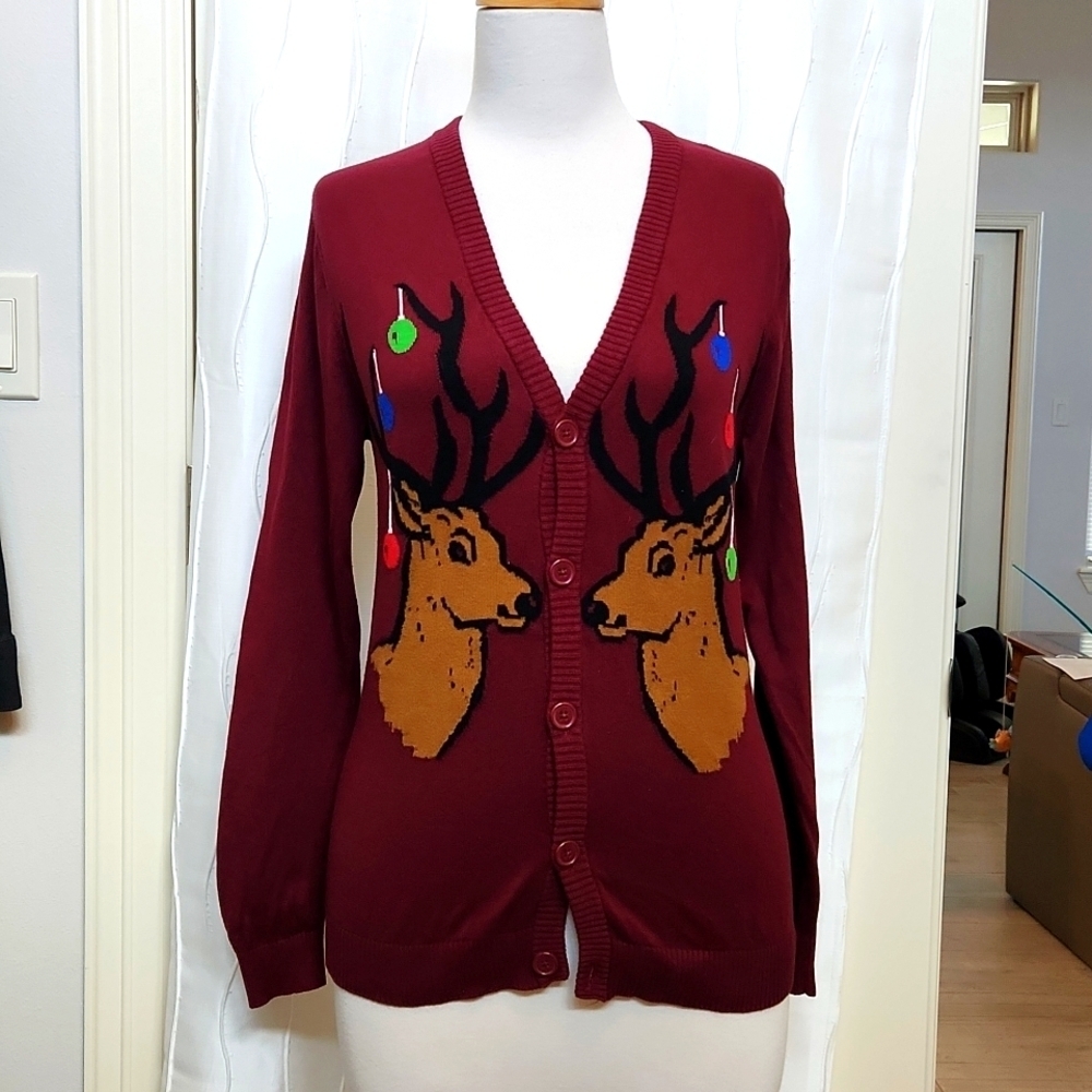 Mossimo Burgundy Reindeer Christmas Cardigan